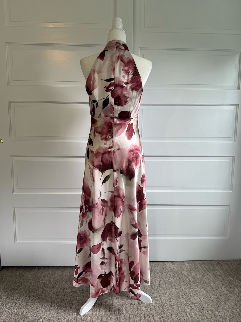 Donna Karan Cream and Burgundy Halter Floral Midi Dress - Picture 3 of 4